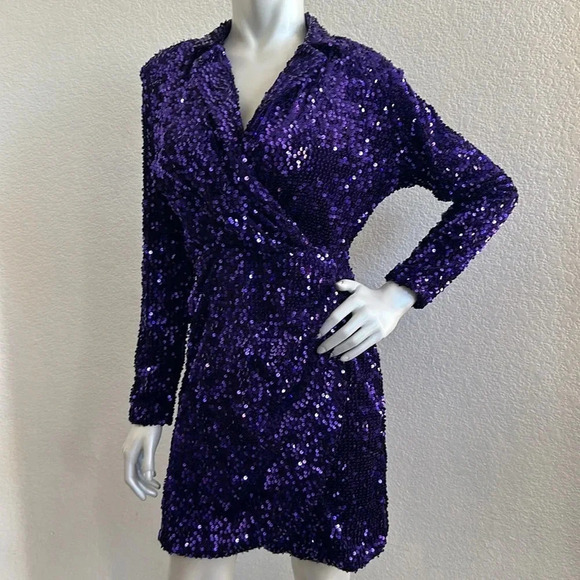 NWOT ZARA WOMAN SEQUIN COLLAR BLAZER MINI DRESS Purple - Picture 12 of 12